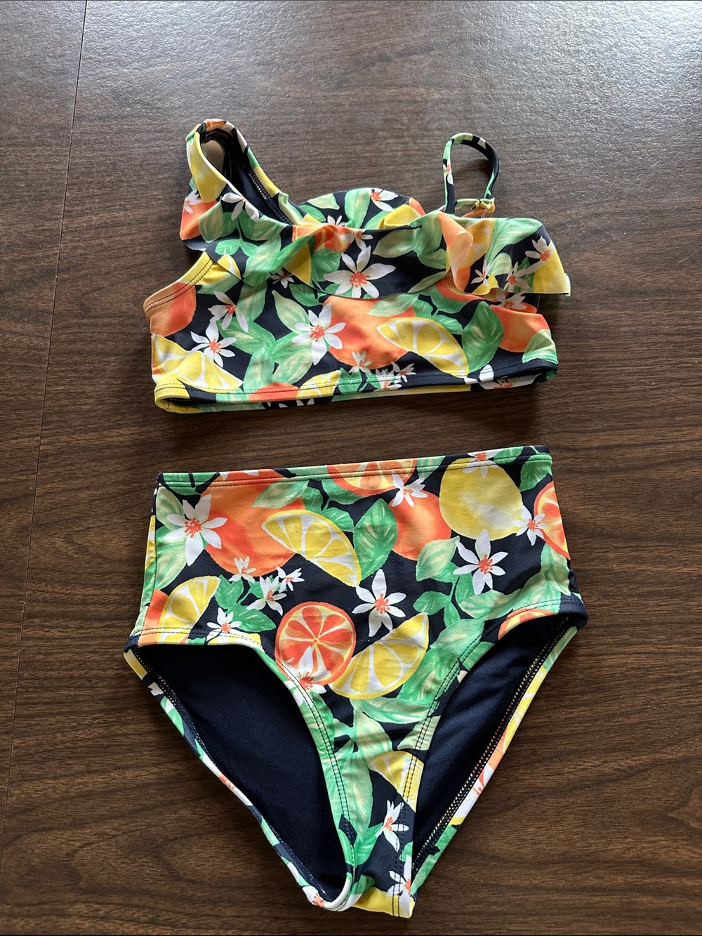 Girls' Citrus Floral High-Waist Tankini - Black/Green/Orange/Yellow
